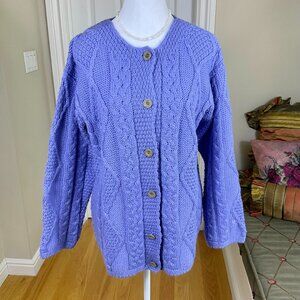 Connemara Sweater Cardigan Merino Wool Irish Cable Chunky Knit Blue Purple (S)